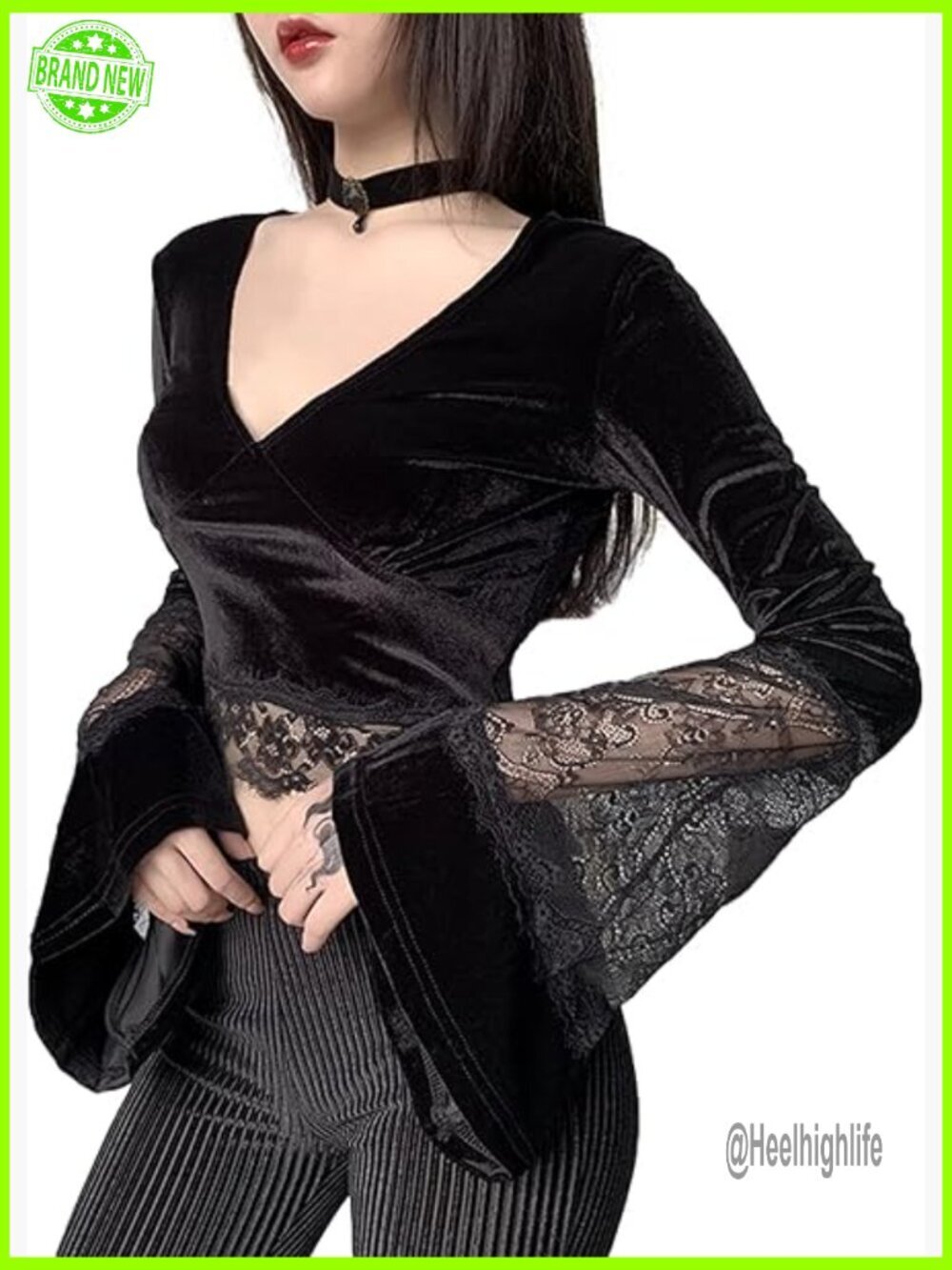 Vintage Gothic Velvet Crop Top - V Neck Lace Long Sleeve Blouse